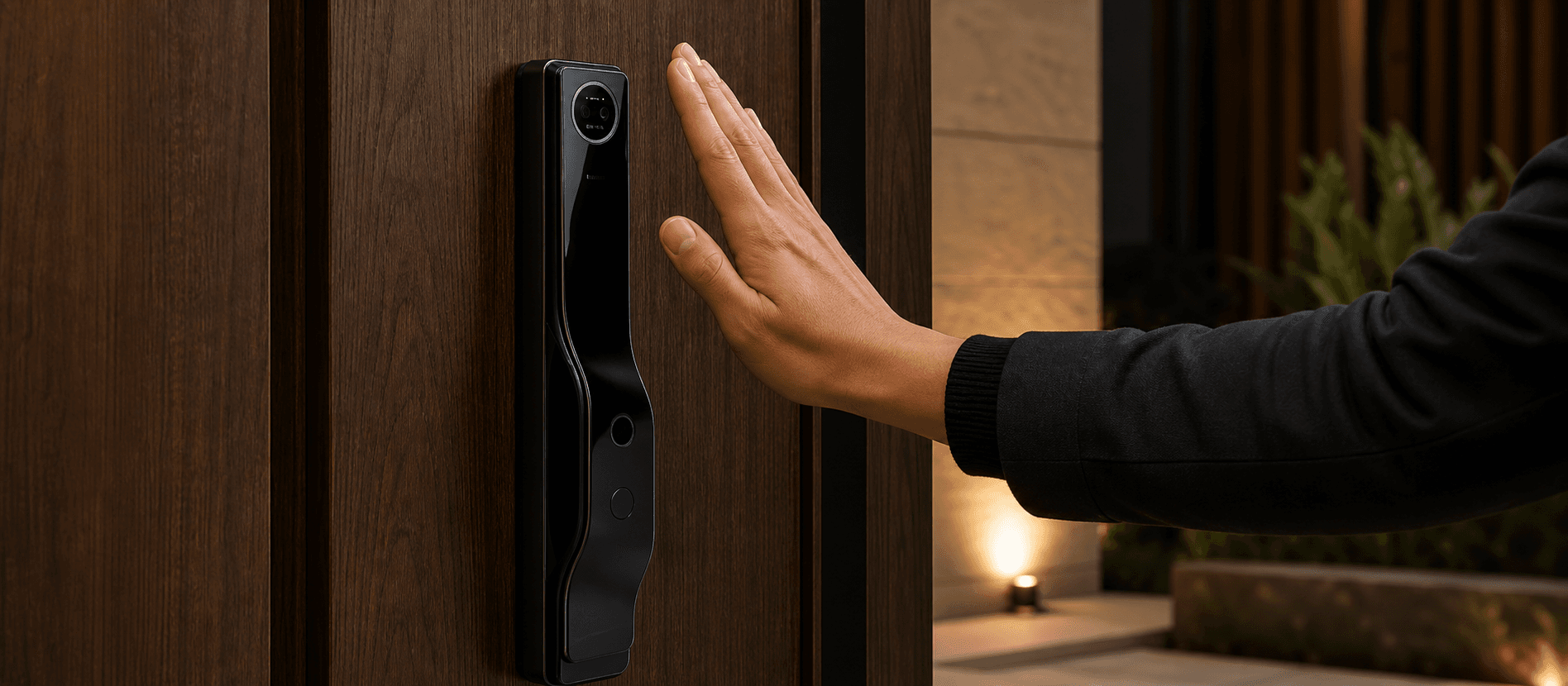 User operating a connected biometric smart lock at a residential entrance