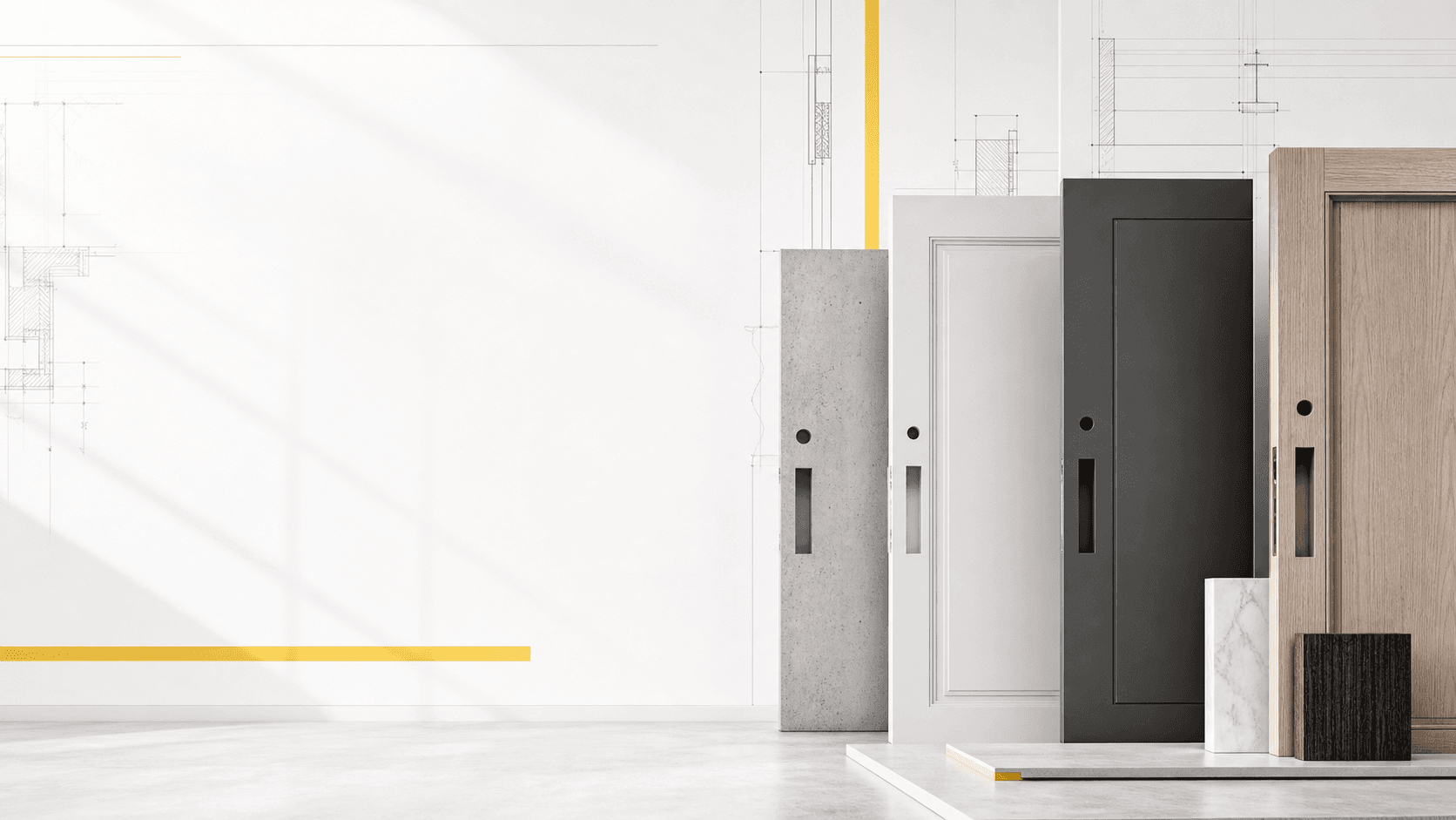 Multiple door constructions displayed beside architectural drawings